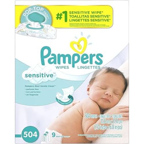 Pampers Sensitive Baby Wipes, Clinically Proven, Fragrance Free, Unscented, Water Based, Hypoallergenic, Multi-Use, Hand Wipes 504 Wipes Total (6X Flip-Top Packs) [Packaging May Vary]