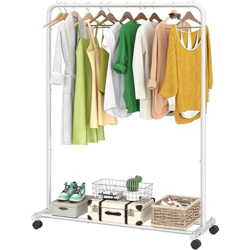 Simple Trending Standard Clothes Clothing Garment Rack with Storage Shelves, Rolling Clothes Organizer on Wheels for Hanging Clothes, White