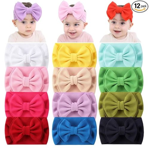 Cinaci 12 Pack Stretchy Elastic Wide Nylon Headbands with Solid Knot Big Hair Bow Headwraps Large Oversized Hair Bows Accessories for Baby Girls Infants Toddlers Kids
