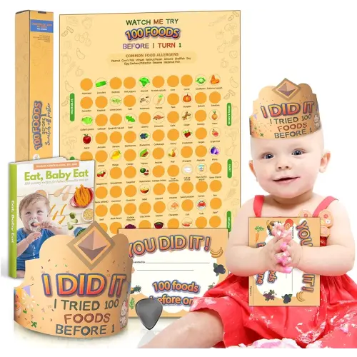 Cradle Plus 100 foods before 1 scratch off poster | w/baby led weaning book, crown and certificate | Baby food idea list and tracker for babies 6 months and up| Baby led weaning cookbook