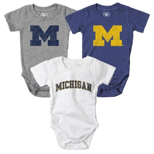 Michigan Wolverines Wes & Willy Infant Three-Pack Bodysuit Set - Navy/White/Heather Gray