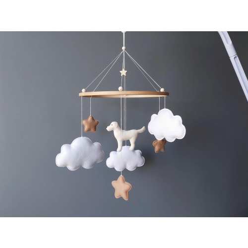 Dog mobile Custom labrador baby crib mobile neutral with arm music Dog mom puppy nursery decor Pet lover gift Felt cloud star mobile