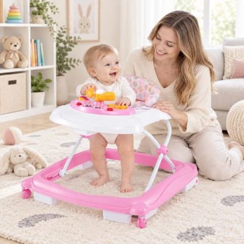 Foldable Baby Walker with Wheels, 3 Adjustable Heights and Padded Seat, Pink