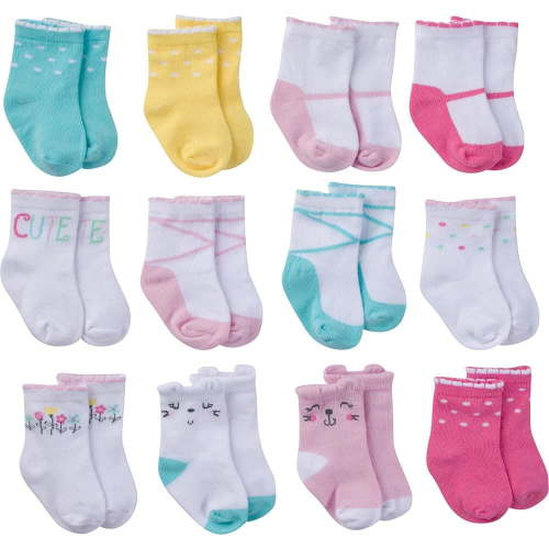 Onesies Brand Baby Girl Assorted Stay-on Jersey Crew Wiggle-Proof Socks, 12-Pack, Sizes 0/6M- 24M