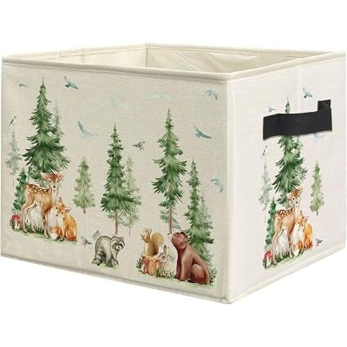 Forest Forest Animals Nursery Storage Bin Box with Handles, Pine Tree Wild Animal Bear Fox Foldable Linen Fabric Laundry Basket for Kids Room Nursery Playroom Bathroom Clothes Toys Books
