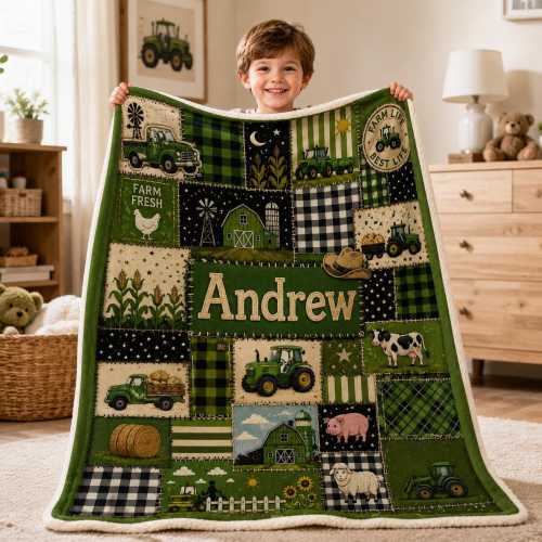 Farm Tractor Fleece Blanket, Custom Green Patchwork Farm Blanket, Rustic Barn Animal Kids Name Throw Gift