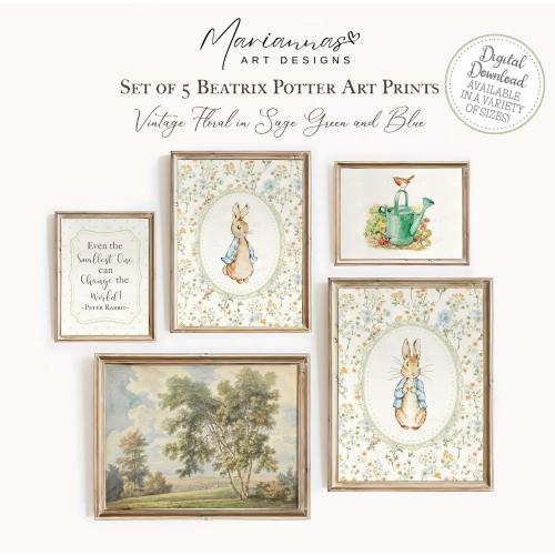 Peter Rabbit Prints Vintage Peter Rabbit Prints Beatrix Potter Nursery Prints Vintage Floral Sage Blue Storybook Art Set of 5 PRINTABLES