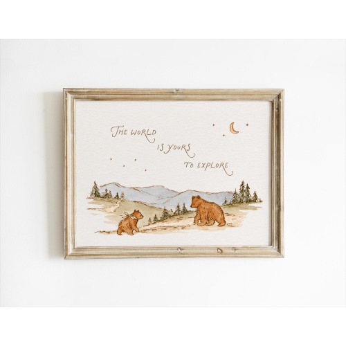 Woodland Bear Nursery Print, The World Is Yours to Explore Wall Art, Neutral Baby Room Decor, Vintage Adventure Kids Picture