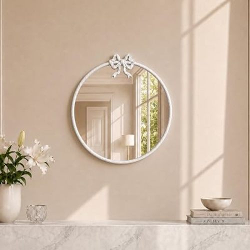 16 Inch White Circle Mirror Round Wall Mirror Vintage Bow Mirror Decor