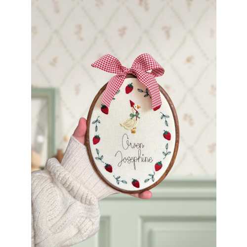 Baby name sign embroidered with storybook goose and strawberries, newborn birth announcement plaque, oval nursery wall hanging, new mum gift
