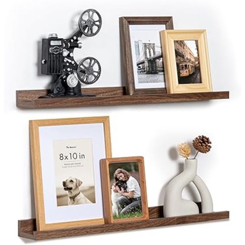 Fun Memories Picture Ledge Shelf, 24 Inch Floating Shelves Set of 2, Nursery Book Shelves for Toys Storage, Kids Bookshelf Wall Mounted for Wall Decor Books Photo Frames, Walnut