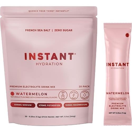 Instant Hydration Sugar Free Electrolytes Powder Packets - Watermelon Electrolyte Drink Mix & Travel Essentials - Post Workout Recovery, Brain Health, Muscle & Tissue Support - 20 Sticks