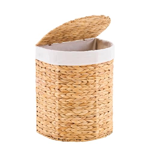 Half Round Wicker Laundry Hamper with Lid and 2 Removable Liner Bags, Handwoven Natural Water Hyacinth Laundry Basket for Dirty Clothes, Natural