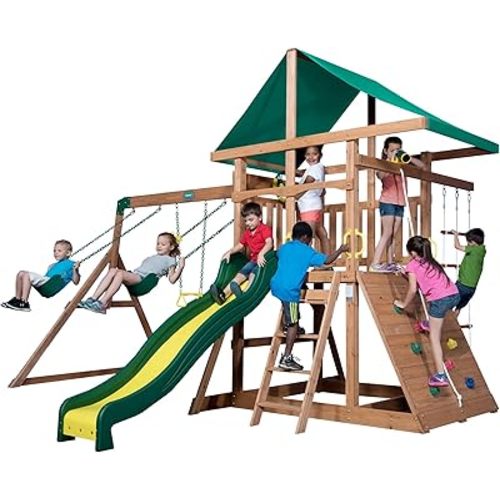 Backyard Discovery Mount Mckinley Cedar Wood Swing Set with Wave Slide, Play Deck, Double Rock Wall, Rope Ladder, Web Swing, Belt Swings, Toy Telescope, Steering Wheel, Sandbox Area, Outdoor Playset
