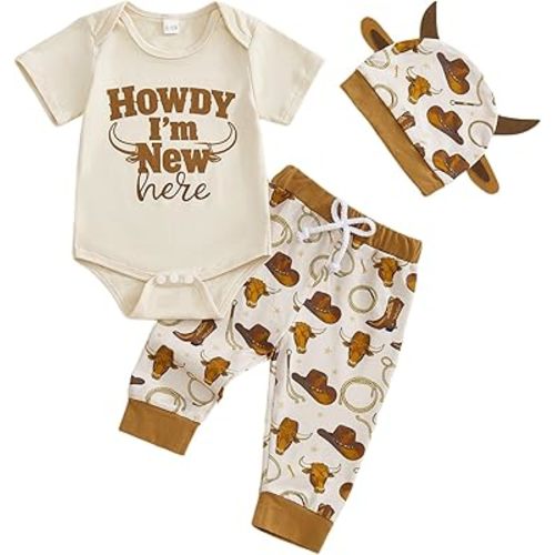 Newborn Baby Boy Farm Outfits Letter Print Romper + Pants + Hat 3PCS Cute Infant Boy's Clothes Set