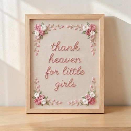 Thank Heaven For Little Girls, Hand-Stitched Floral Embroidery Frame, Nursery Decor, Custom Keepsake Gift