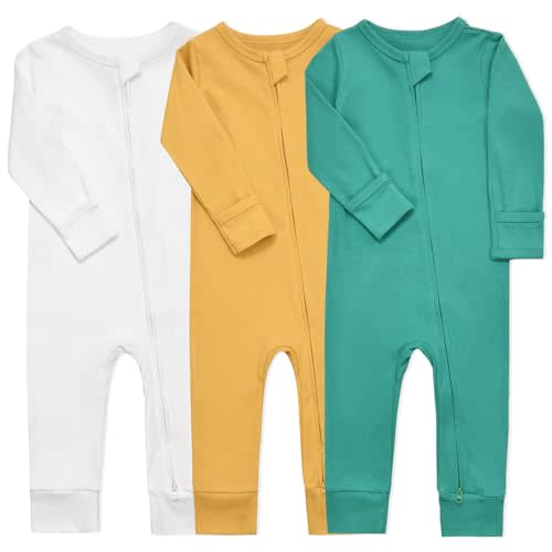 Aablexema Baby Cotton Fooltess Pajamas with Mitten, 3-pack Infant Romper Zip Up One Piece Jumpsuits Outfit
