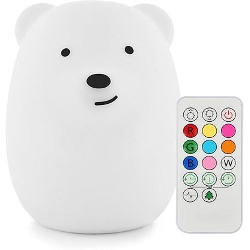 Bear Night Light for Kids, Rechargeable LED Children Lamp, Soft Silicone (BPA Free) for Baby/Boy/Girl/Adult, Remote & Touch Control Adjustable Brightness and Color (9 Colors), Eye Caring