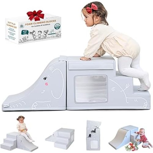 LORAIA® LUXURY 100% NON-TOXIC foam climbing blocks •TOP Fasteners• MONTESSORI soft play set + baby slide •LOW MAINTENANCE Vegan Leather •14"STURDY blocks- won’t collapse• Not compressed• BUILT TO LAST