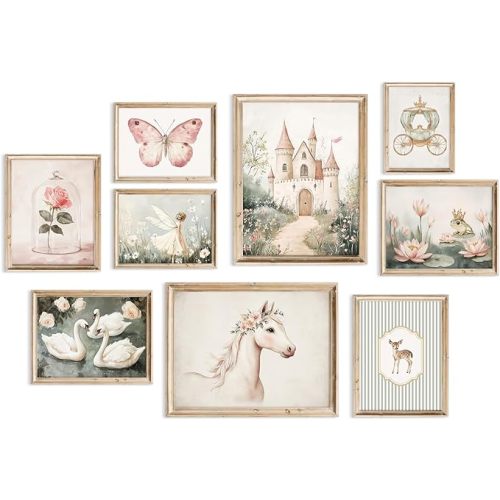 Vintage Fairy Nursery Wall Art Baby Girl Room Canvas Wall Decor Pink Fairytale Poster Pastel Floral Swan Paintings Magic Fantasy Pictures Pink Nursery Artwork for Girls Bedroom 8x10x9 Inch Unframed