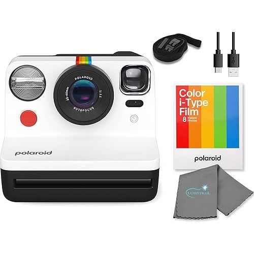 Polaroid Gen 2 Now I-Type Instant Film Camera - Black & White Bundle with a Color i-Type Film Pack (8 Instant Photos) and a Cleaning Cloth