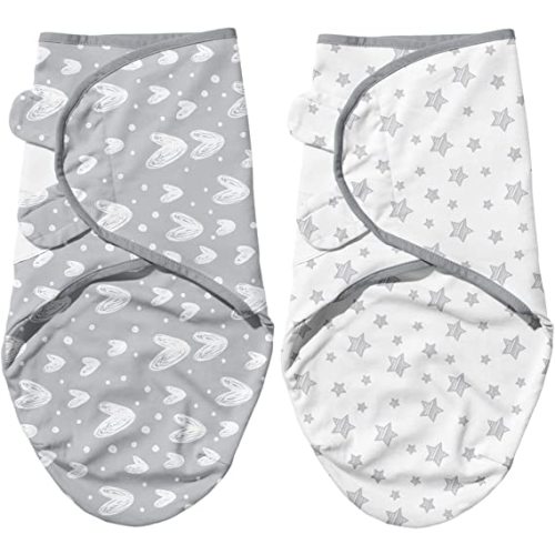 Biloban Baby Swaddles 0-3 Months for Boy Girls, Newborn, Organic Cotton Adjustable Blanket, Lovely Grey Print, 2 Pack