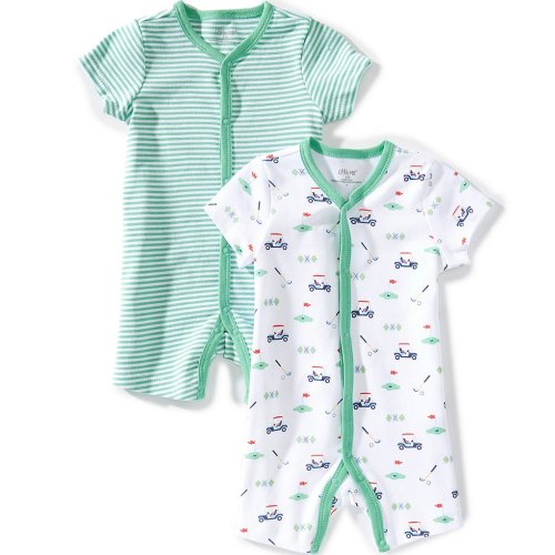 Little Me Baby Boys Short-Sleeve Cotton Golf-Inspired-Printed Shortall & Striped Golf-Applique Shortall 2-Pack