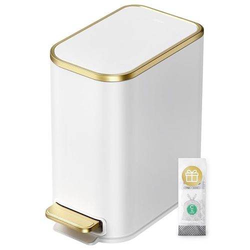 Cesun Small Bathroom Trash Can with Lid Soft Close, 5 Liter/1.3 Gallon Stainless Steel Garbage Can with Removable Inner Bucket, Step Pedal, Slim Waste Basket for Toilet, Office, Bedroom (White&Gold)