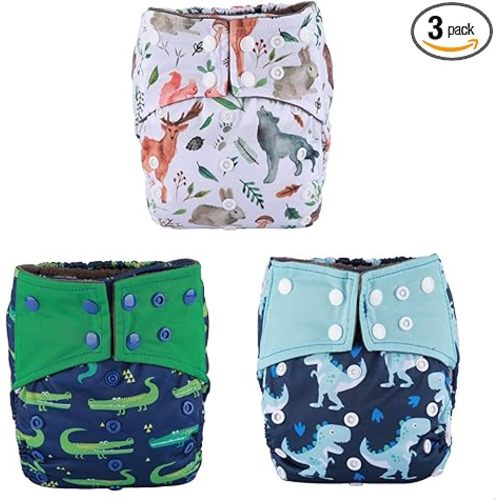 3 AIll in One Cloth Diapers Nappies for Night AIO Sewn in Insert Reusable Washable (Dinosaur Pack)