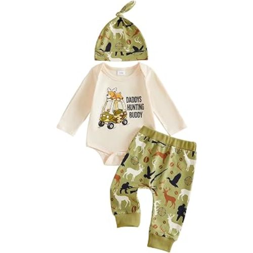Kavousa 3pcs Newborn Baby Boy Hunting Clothes Romper Camo Pants Hat Outfit