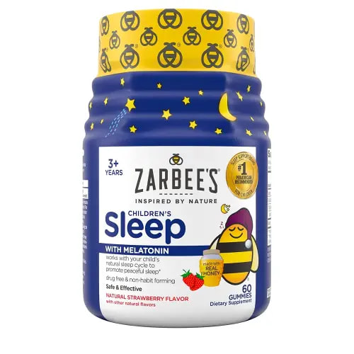 Zarbee's Kids Sleep Gummies with 1 mg Melatonin, Non-Habit Forming, Drug-Free Bedtime Support, Supports Natural Sleep Cycles for Peaceful Sleep*, Natural Strawberry Flavor, Ages 3+, 60 Ct Bottle