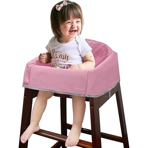 Dual-Belt Baby High Chair Cover, Upgrade Version, for Wooden or Restaurant High Chair, Sturdy and Robust Material, Waterproof Washable Stain and Slip Resistant, Pink