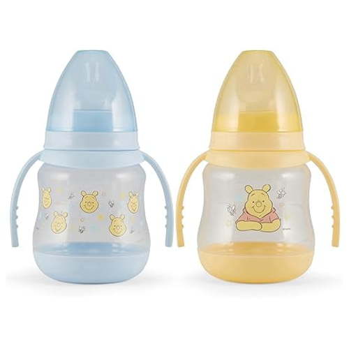 Disney 2 Pack 7 Ounce Baby Bottles with Character Prints and Colored Covers with Double Handle - BPA Free and Easy to Clean