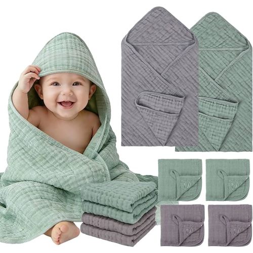 Flasoo 6 Pcs Muslin Hooded Baby Bath Towels Sets - 2 Pack 100% Cotton Baby Towel & 4 Pack Muslin Washclothes- 32x32Inch Baby Towels Cotton for Babies, Infants, Toddlers, 100% Cotton, Bath Essentials