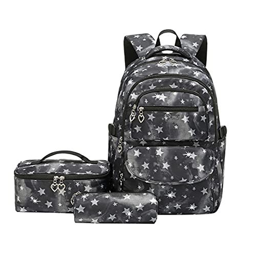 JiaYou School Backpack Sets 3pcs Stars Prints Daypack For Teens Girls Primary School Students(Black Stars,22 Liters)