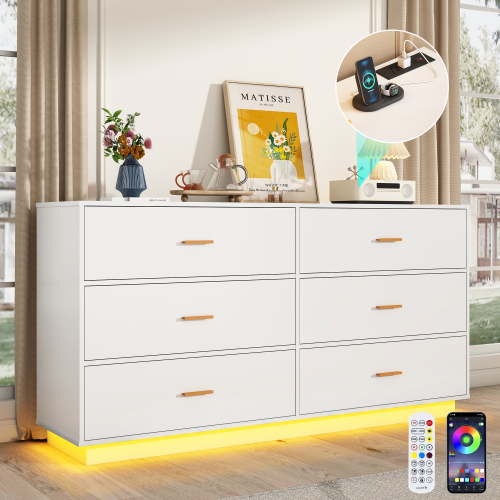 ChVans 6 Drawer Dressers with 60000-color LED Lights & Power Outlet, 59'' Long Modern Chest of Drawers for Closet, Wide Drawer Organizer Cabinet for Bedroom, Living Room, Entryway, Hallway