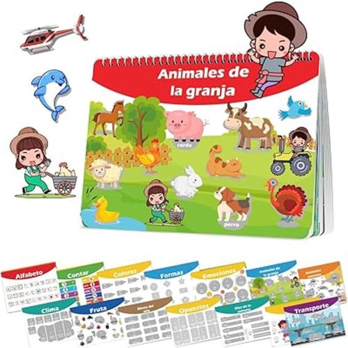 Spanish Busy Book for Toddlers, Montessori Preschool Learning Activities, 14 Bilingual Themes (English/Spanish) – Quiet Book for Kids, Educational Travel Toys