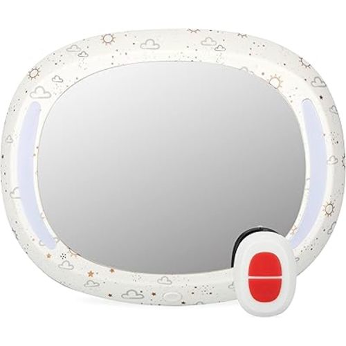 Nuby LED Light Backseat Baby Car Mirror with Remote Controlled Light, Wide View Shatter Resistant Mirror, Adjustable, White Cloud
