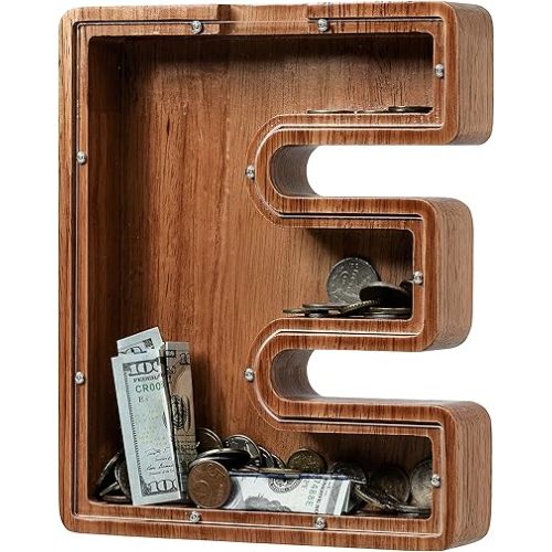 Piggy Bank for Kids Boys Girls, Wooden Large Letter Piggy Bank Alphabet Money Bank with Initial E, Coin Bank Fun Gifts for Birthday, Christmas, Festival, Baby Shower