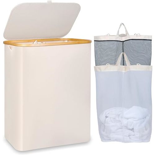 150L Laundry Basket with Lid, Large Laundry Hamper with Bamboo Handle, Collapsible Dirty Clothes Hamper Organizer with 2 Removable Inner Bags for Clothes Toys Towels - Beige