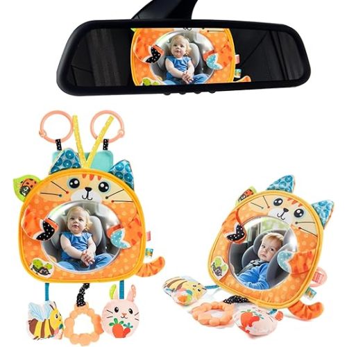 Jollybaby Car Seat Crib Stroller Play Gym Hanging Toy for Baby 0-3-6-12 Months, Tummy Time Mirror Toys Gifts for Newborn Infants, Carseat Travel Toy for Road Trip - Cat