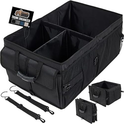 GORILLA GRIP Large Capacity Sturdy Trunk Storage Organizer, Slip and Water Resistant Collapsible Organization Container for Car Sedan or SUV, Multi Compartment Box Vehicle Accessories, Black