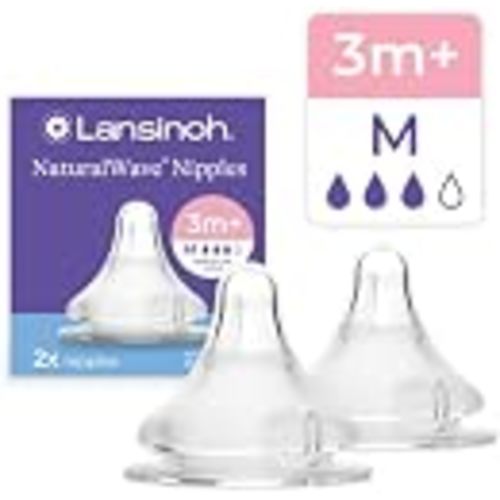 Lansinoh NaturalWave Baby Bottle Nipples, Medium Flow (M), 2 Count | 3-6 Months, 100% Soft, Durable Silicone, Made without BPA BPS, Anti-Colic, Supports Baby's Developing Mouth and Teeth