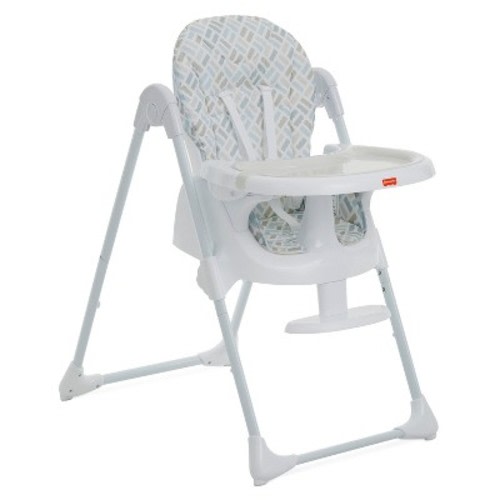 Fisher Price Tiny Bites highchair, Cloud Grey—one-click fold, 7 heights, 2 reclines, removable dishwasher-safe tray, lightweight and space-saving.