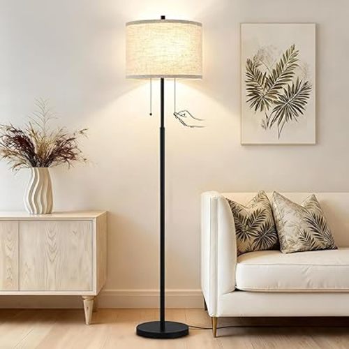 Luvkczc Floor Lamp, 60" Standing Lamp Tall Lamp with Fabric Lampshade&Pull Chain Corner Floor Lamps for Living Room, Bedroom,Office Corner (Black 2 Bulb Socket)