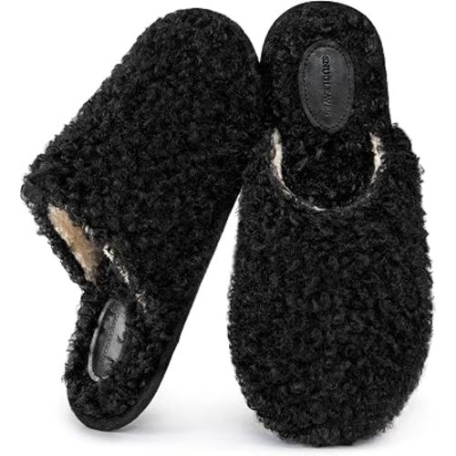 Snug Leaves Women's Scuff Slippers Furry Cute Curly Faux Wool Slip-on Indoor Memory Foam House Shoes