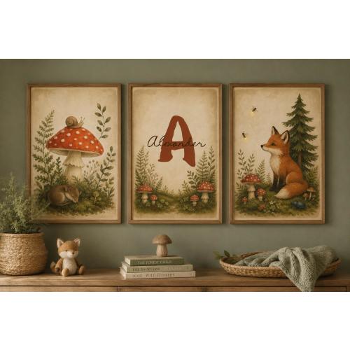 Personalized Woodland Nursery Wall Art Set of 3, Mushroom Nursery Decor, Fox and Forest Animal Prints, Boho Baby Boy Nursery Triptych