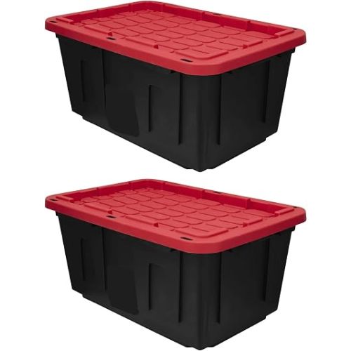27-Gallon Storage Bin (2-Pack), Large Plastic Storage Container with Secure Snap-On Lid, Tote for Industrial and Home Organization, Black with Red Lid