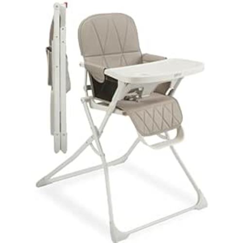 Primo PopUp Folding High Chair for Baby Age 6 to 36 Months - Taupe Folding Beach Style High Chair with Removable Dishwasher Safe Tray, 3pt Safety Harness, Leatherette Seat - Space Saving Design