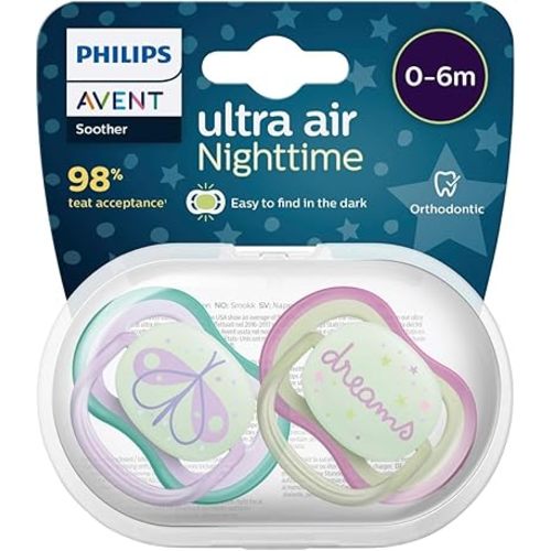 Philips Avent Ultra Air Nighttime Glow Soother 0–6M, 2-Pack (Random Star/Bird or Butterfly/Dreams Design), SCF376/17